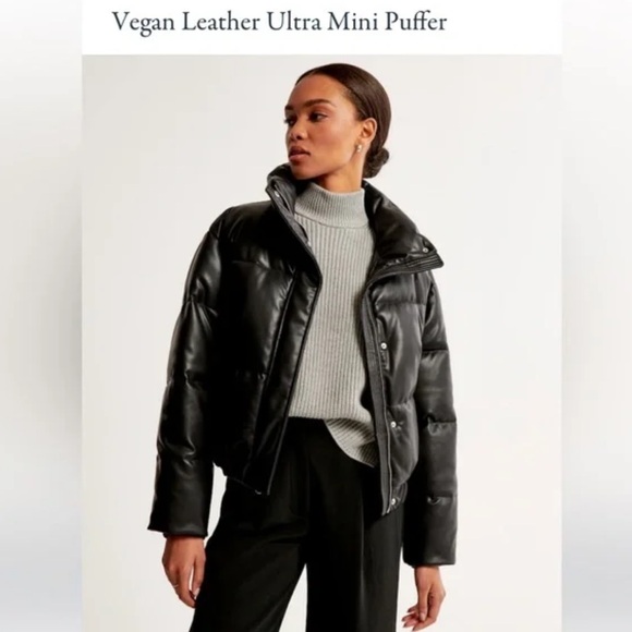 Abercrombie & Fitch Vegan Leather Puffer Jacket - Black - Picture 1 of 7